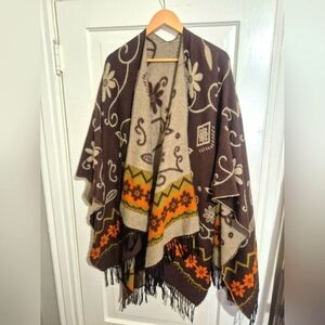 Bohemian Reversable Shawl, Cape, Poncho with Fringe. No Tags